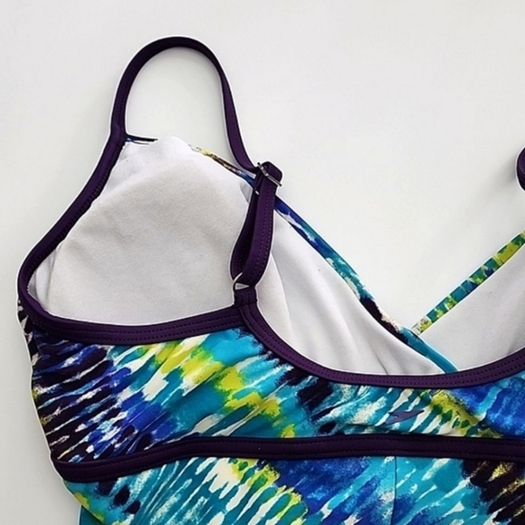 Speedo One Piece Swimsuit Multi Blue Teal  Trim V-Neck Adjustable Straps Size 8 - Picture 6 of 14